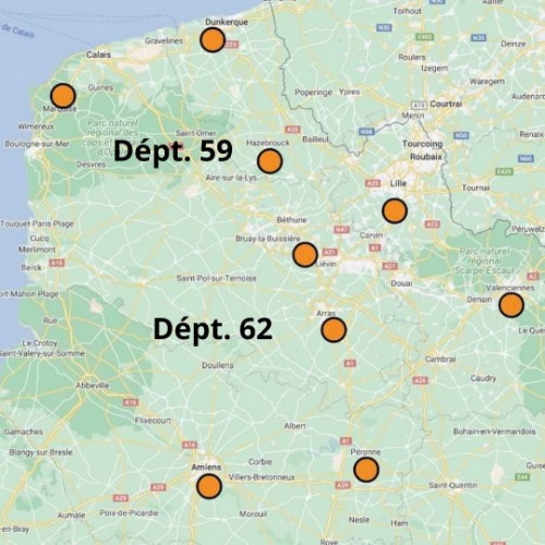 Carte des emplacements de l'entreprise TOIT9 dans le Nord de la France (Lille, Lens, Arras, Béthune, Douai Valenciennes, Dunkerque, Calais)